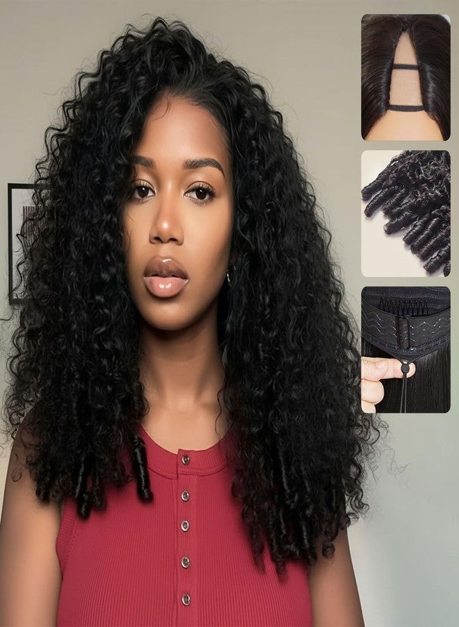 mscoco V Part Wig Human Hair Burmese Curly Glueless Wigs Human Hair Clip In Upgrade U Part Human Hair Wig with Drawstring 180% Density Natural Black 18inch - Image 1